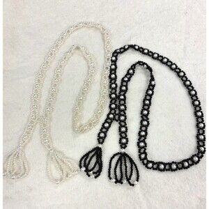 Vintage Faux Pearl Beaded Lariat Sautoir Necklaces 34” Black White Tassel Pair